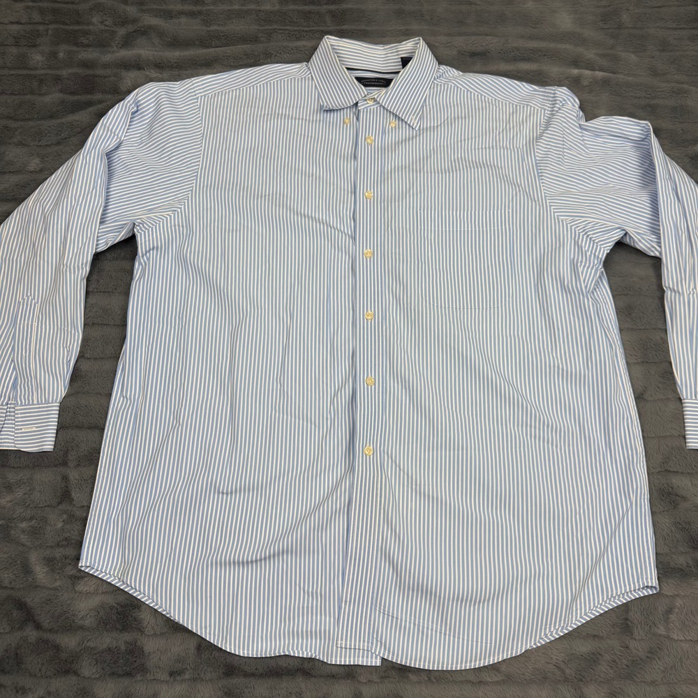 Roundtree & Yorke Mens XL Blue White Striped Cotton Button Down Shirt 14608